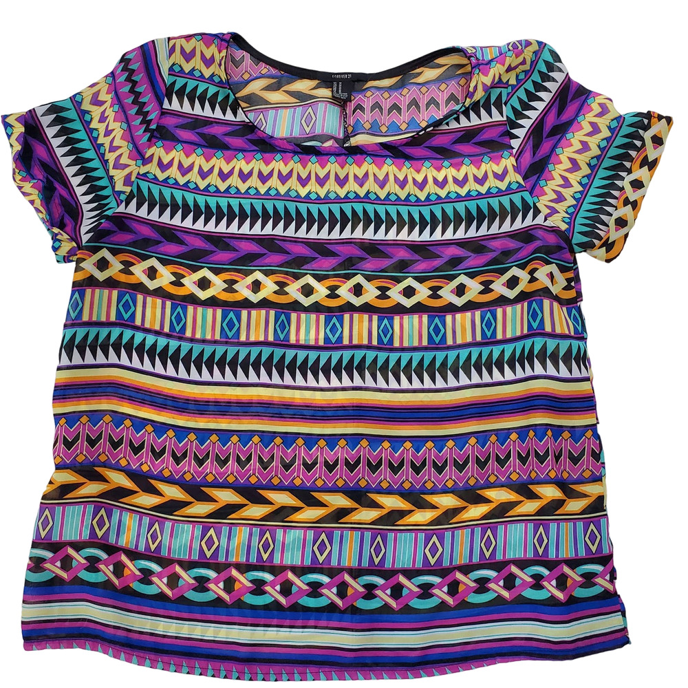 Shirt Womens M Aztec Multi-Color F 21 Sheer/Forever 21 Diamond Sheer Lightweight